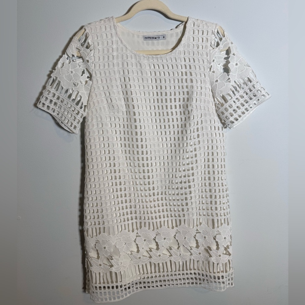 Peppermayo White Lace Crochet‎ Mini Dress Cottagecore Coastal Bridal Shower 8